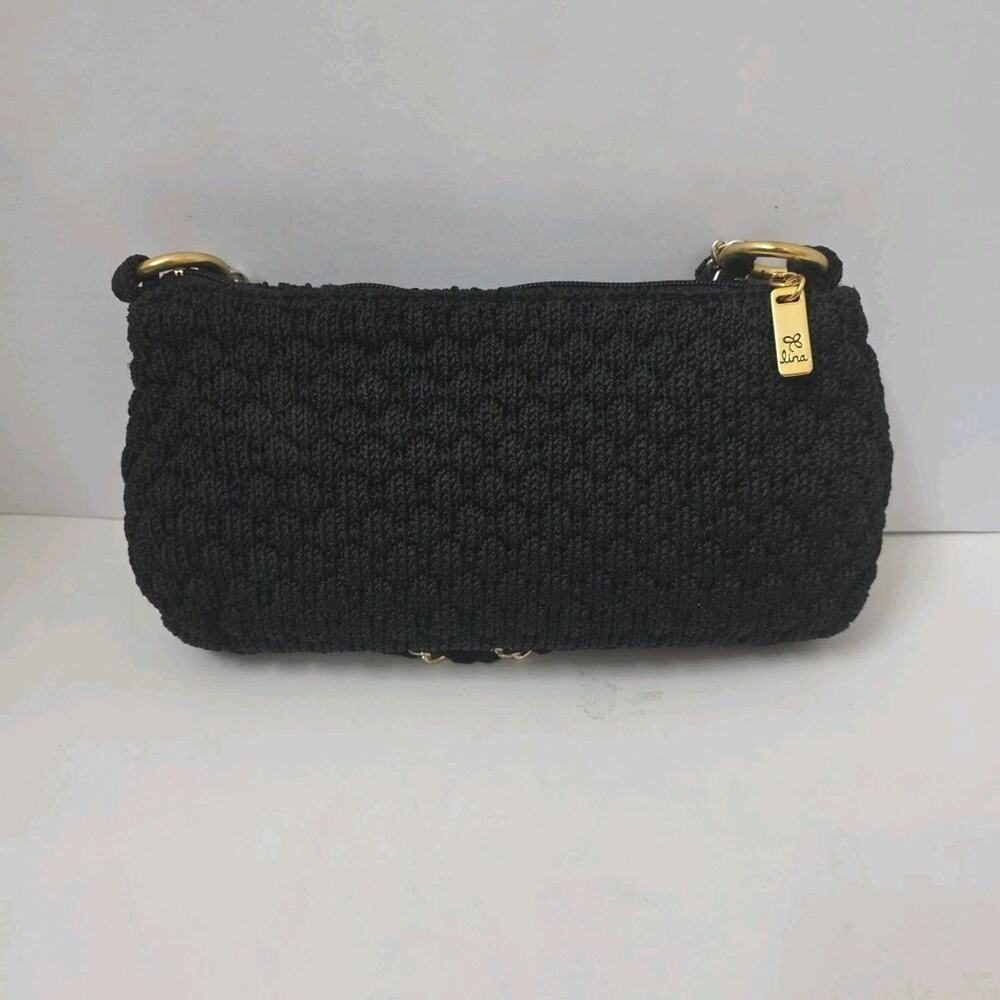 Lina Black Crochet Baguette Shoulder Bag Gold Chain Strap Boho Chic Purse NWT - Picture 2 of 9